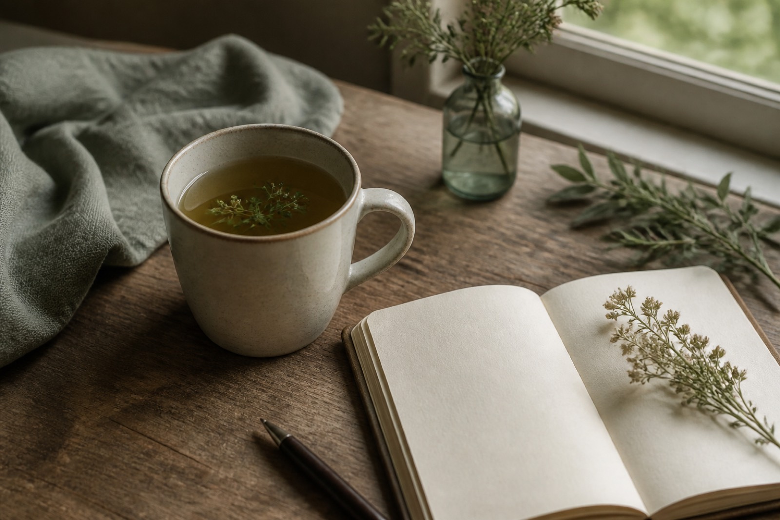 Taza y cuaderno junto a una ventana